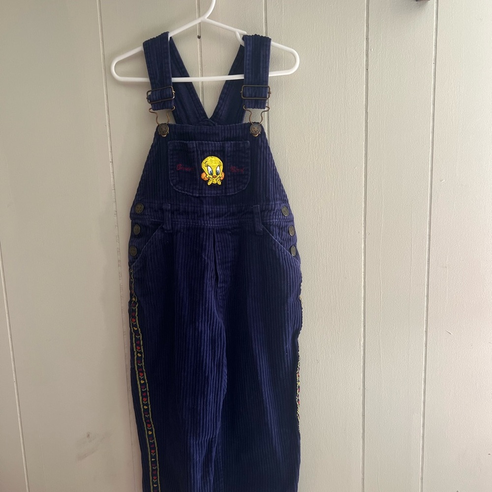 Vintage 1998 Looney Tunes Dark Blue Corduroy Overalls with Tweety Patch